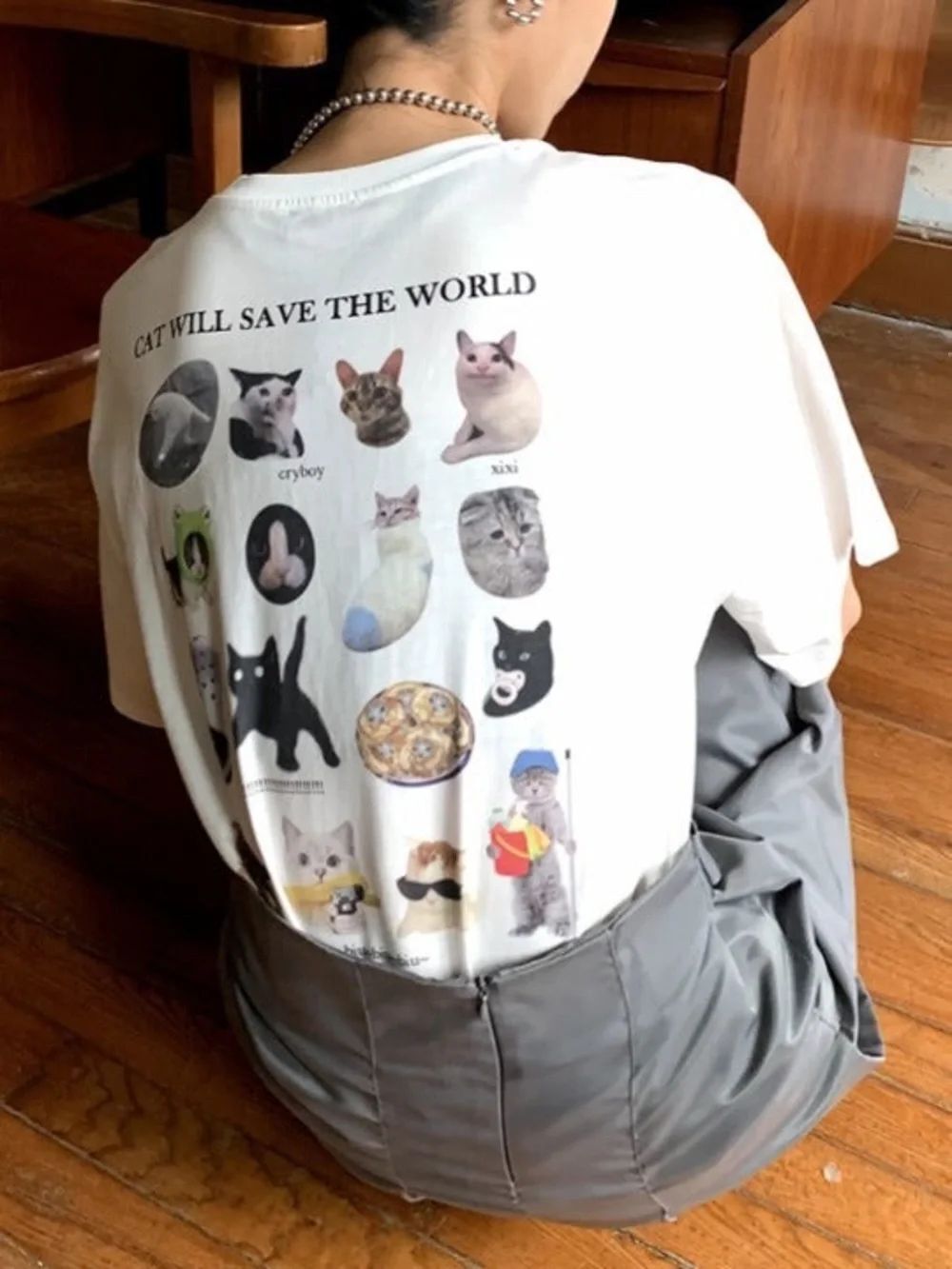 Cat Tee Cotton White Cat Will Save The World T-Shirt